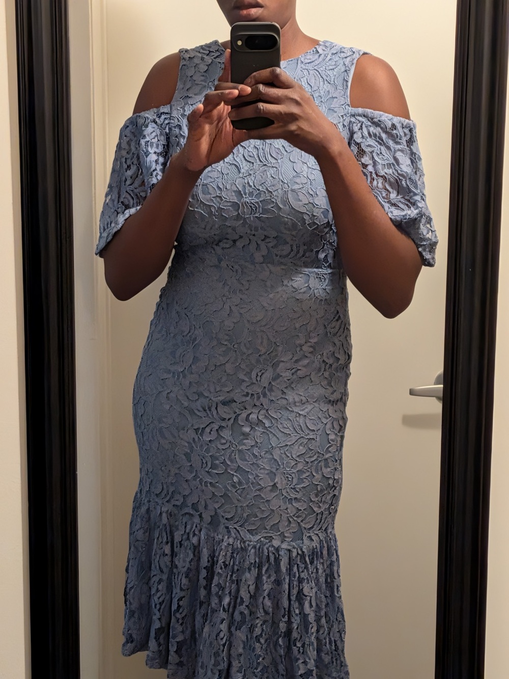 Y.A.S Tall Cold-Shoulder Lace Midi Dress in Dusty Blue